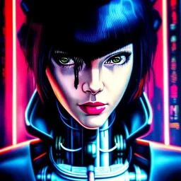 fullbody portrait in oil on canvas ,beautiful female robot, ominous, intense stare, sad eyes, post-apocalyptic in a cyberpunk city, ghost in the shell, Akira, BladeRunner movie poster, masterpiece, realistic, intricate detail, sci-fi fantasy style, volumetric lighting, particles, highly detailed ,cinamatic , deep colours,8k, by Caravaggio