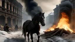 a dead horse on its side, buried under the snow, victorian street behind is war torn and flames and smoke billow, its rider is dead by its side, Apocalyptic, epic, photo-realistic, widescreen, cinematic, movie