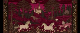 A dark magenta enchanted dominion with unicorns designed in Medieval tapestry