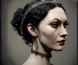 1800s, witchy, pale, strong jawline, victorian, portrait, choker, black curly hair, thick eyebrows, victorian dress, beautiful, silver tiara, hair headdress, metal beads