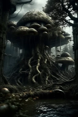 scary dark mushroom city in the forest