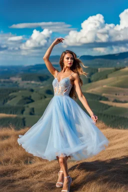 full-body closeup shot of a young, beautiful girl with a perfect face and makeup,wearing pretty dance dress standing in a stage in open air nice hills , blue sky ,pretty clouds at distant