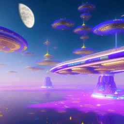 flying ship, futuristic city with astroport and transparent bridges, galactic landsacape with multicolored crystals falling from the sky, full of details, smooth, bright sunshine，soft light atmosphere, light effect，vaporwave colorful, concept art, smooth, extremely sharp detail, finely tuned detail, ultra high definition, 4 k, unreal engine 5, ultra sharp focus