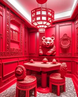 A panda restaurant made out of red Chinese paper arts