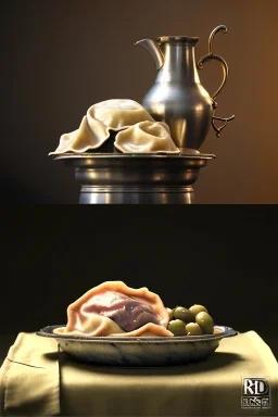 renaissance style still life composite, dish of Raviolis with cow meat, vine cup, olive oil. moisture, art, natural, ornaments, ceramic, marble, high kitchen, smooth, god rays, unreal engine 5, ray tracing, RTX, lumen lighting, ultra detail, volumetric lighting, 3d.