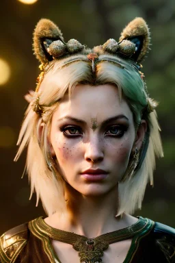 Druid character, young woman, cougar ears, cougar tail on lower back, blonde hair, long hair, green eyes, scars on body, animal hide armor, waist up portrait, 4k resolution, intricate details, ornate details, soft lighting, vibrant colors, retroanime, masterpiece, intricate eyeliner, dark eyeshadow, eyes, intricate tattoos, natural background