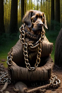 Backyard dog chain attached to a giant log made of feces