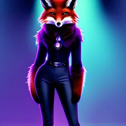 a fox fursona, darker colors, master quality, backlighting, soft lights, full body portrait, in frame, 8k, perfectly drawn face, well drawn, realistic, humanoid, furry, cyberpunk, digitigrade legs, fur, female