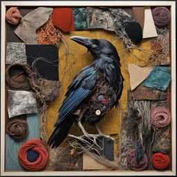 Collage of various mediums making up an abstract crow image, metal and fabric and corduroy and glass and yarn and paper and velvet, various textures, sharp contrast, sharp juxtaposition of materials, colorful, sharp focus, by Peter beard, maximalism