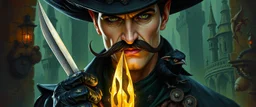 oil paint and airbrush, upper body portrait of clever crow vintage mustache assassin thief quickling juggler man with sacrificial dagger in then elven magical green city of Forgotten Realms, myth drannor