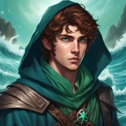 dungeons & dragons; portrait; digital art; teenager; male; soft; mysterious ; brown hair color; cut hair; sea green eye color; warlock; the fathomless; waves; sea travel pirate clothing, hooded; ocean blue cloak; soft light; deep ocean; singing tentacles