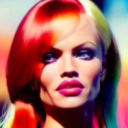 Photo of a gorgeous young Pamela Anderson, wearing a Micro-Bikini, beautiful face, multi-hued red hair; in the style of martine johanna, draped in flowing fabric, colorful energetic brush strokes, realistic, sharp focus, 8k high definition, insanely detailed, intricate, elegant, art by martine johanna and artgerm