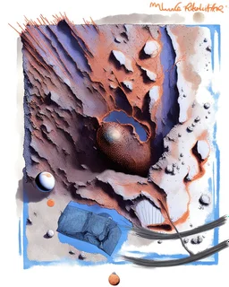 High-altitude lunar reconnaissance satellite image of a young impact crater with larger regolith along right ride. A damaged metallic alien sphere with fracture lines like an egg. organic growth across regolith and up crater walls. Along the lower frame edge a small modern bare-bones lunar-vehicle sits near the rim with visible wheel tracks. comic page pencils