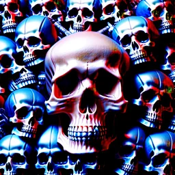 a picture of a dark, comedic, anatomically correct wall of red white and blue tightly packed stacked cyborg skulls of varying sizes and expressions, photo realistic, insanely meticulous, highly detailed, part of a collection of bones on display, 64k, dystopian, vray