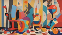 Still life composition with abstract shapes and vibrant colors, featuring objects such as a chair, a jug, and possibly a musical instrument on a patterned background