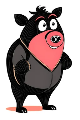 Pig in a black bear costume, in the style of early Hanna-Barbera