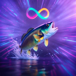infinity symbol ∞ with vibrant powerful fish jumping out of the water, striking, neon, chiaroscuro, dramatic, captivating, powerful, fantasy, beautiful, octane render, 16k post-production, artstation: award-winning: atmospheric: commanding: fantastical: clarity: ultra quality: striking: brilliance: stunning colors: amazing depth; lens: f/11, 35mm