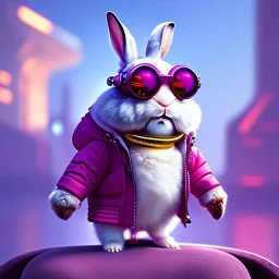 pixar style anamorphic cute rabbit baby, smiling, cyberpunk sunglass, gangsta gold neckless, full body, magenta puffer jacket, manila city backdrop, dramatic lighting, hyper realistic, unreal engine 5, 16k