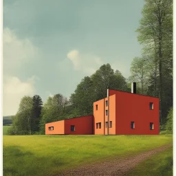 Bauhaus poster of rural Scandinavian country house close to a wood