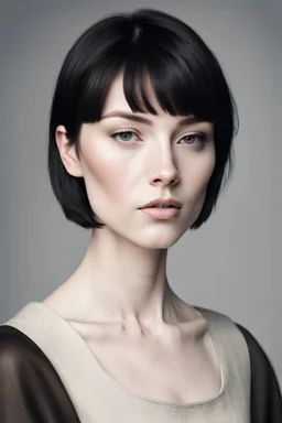 Scandinavian medieval 30 year old woman with black short hair, pale skin, pretty lips, athletically built