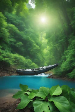 An airplane crashed covers a green leaves among relict trees, tropical forest in some places covered with ivy, around blue beautiful river fantasy, photo