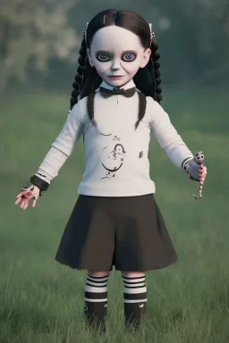 Wednesday Addams toddler, punk hair, full body, jump, bokeh, hyper realistic