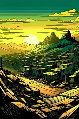 Genera una imagen de un paisaje, de una ciudad abandonada, en un atardecer, en medio de la montaña, con estilo de cómic.