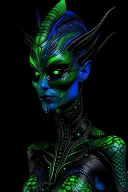 Alien 6 feet, with a slender and graceful figure. skin is a mesmerizing blend of deep, dark, reminiscent of a moonlit forest.midnight blue, 4 eyes emerald green, and deep purple. The skin is intricate patterns that resemble constellations, eyes are large, glowing with an eerie, phosphorescent light.a piercing shade of neon green,aura.face is framed by long, flowing tendrils of bioluminescent hair, reminiscent of glowing jellyfish tentacles.