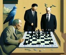 Putin, President Xi Of China And Joe Biden Play Chess With A Pigeon,Ufo,Complex Surgical Instruments,A Newborn Boy,Minimalism,Painting By Lucian Freud,Rene Magritte,Adrian Ghenie,Michelangelo,Salvador Dali,Pablo Picasso