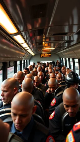 A bus full of illegal aliens shaved their heads , surrounded with guards