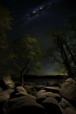 Night, trees, rocks, mountains, photography