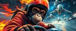 clumsy ninja reggae monkey with helmet and with ears on fire, b movie poster, etheral astral weird perspective worried yoga vin diesel legend race car racing with huge g force against spaceships going sideways in ramp driver close up portrait of dj magic kobold gremlin farmer pilot looking down on cam, with background in the style of escher and giger, a chill contrapunctus fugue in the style of fsol, beethoven,