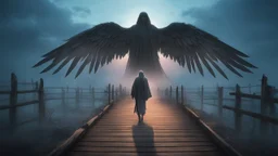 walking straight ahead over a wooden bridge, holding the angel of death with your right hand, entering the fog at the end of the road that leads to the afterlife, and a beautiful sunset and galaxy's behind the fog, realistic