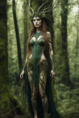 Photography HD realistic full body portrait natural beauty of a forest dryad enchantress , with highly detailed, sharply lined facial features, in the deep forest of Brokilon , finely inked, in rustic colors, 4k