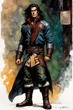 Create a fine art print , illustration of a small epic fantasy Lankhmar thief character with shoulder length hair, finely lined and detailed facial features, in an fur collared leather jerkin and breeches , a short oriental cloth belt at the waist, stealthy soft leather slippers, , in the comic book style of Bill Sienkiewicz, Howard Chaykin, Mike Mignola, Philippe Druillet, and Jean Giraud Moebius, precisely drawn, colored and inked