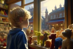 a little boy with curly blond hair is standing with his back to us, looking at toys (stuffed animals, building blocks, trains, legos, rocking horses) in a toy shop window Nikon D850 digital painting fantasy 4k very attractive fantastic view ultra detailed 4K 3D cinematic postprocessing in sunshine