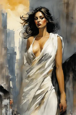 Alex Maleev, unused cover illustration, 2005: [greek goddess model in flesh] In the midst of a busy city, a woman stands out with her serene expression and poised demeanor. Her chiton drapes gracefully, revealing her feminine curves and accentuating her beauty. She exudes an air of timeless elegance, captivating all who cross her path. Every detail, from her lips to her eyes, showcases the sculptor's meticulous craftsmanship. Her presence brings a moment of tranquility amidst the chaos of the ci