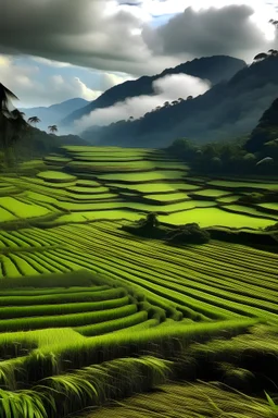 view ricefield when a mountain erupts