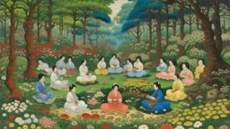 An oil painting by Kuniyoshi of individuals practicing yoga surrounded by blooming flowers and lush vegetation.