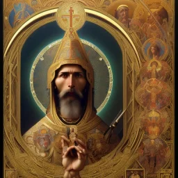 patron of photographers holding a camera in one hand and film roll in the other. orthodox icon with saint photographer. Cyrillic inscriptions. hyperdetailed, Alphonse Mucha, Zdzisław Beksiński, poster, illustration, ink, oil on canvas, 18th century atlas