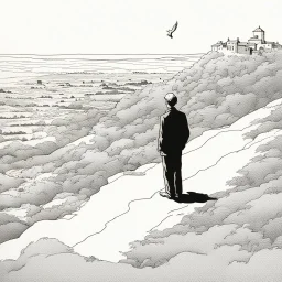 a alone man. pen and ink, birds eye view, illustrated by hergé, Background space and earth