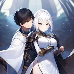 Girl with white hair wearing white robes. Boy with black hair wearing leather armor