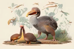 John James Audubon-like illustration of a fully uncropped Dodo bird and a Platypus in a landscape of warm yellows, warm reds, and warm blues