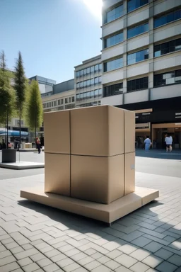 Big sand cube with clothing display in the middle of a street in modern city