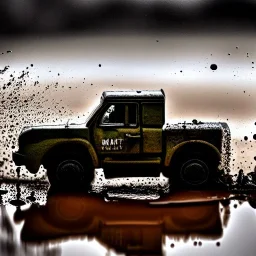 photorealistic shot, muddy military toy truck, monotone color palette, sharp focus, puddle reflection, tire water splash, refraction, mist on the horizon, shadowcast, detailed and intricate, cinematic composition, micro, tilt shift photography