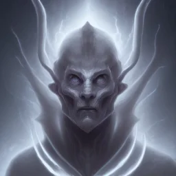 Archon fetus biblical demon of power, pale white skinny body, huge round head, hypnotizing big black eyes, abducting a human, no emotion on face