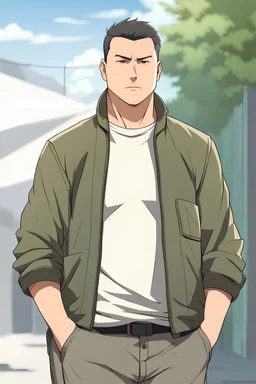 thirty year old fat man with short hairs, with a t-shirt and a open jacket and a cargo style pant. 2d, masterpiece, best quality, anime, highly detailed face, highly detailed background, perfect lighting