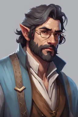A painting concept art of a fantasy character, firbolg race, male middle age, rough face, pale blue, no beard, skin, hunchback, short black hair, doctor, doctor clothes, glasses,1800s, western, old west