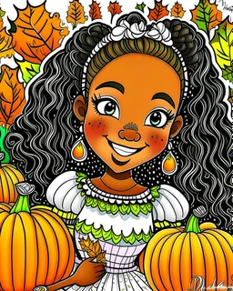 Melanin autumn pumpkin princess, princess, braids, blank coloring page, smiling, pumpkin patch