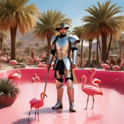 [high res photo by Gilligans Island] In the dazzling city of Las Vegas, clad in his worn armor that sparkles under the desert sun, Don Quixote, his tourney lance in hand, finds himself in a most curious setting—a pink swimming pool teeming with flamingos and bananas, ready to fight, in dust, rust and blood, him body is covered with leather combat belts